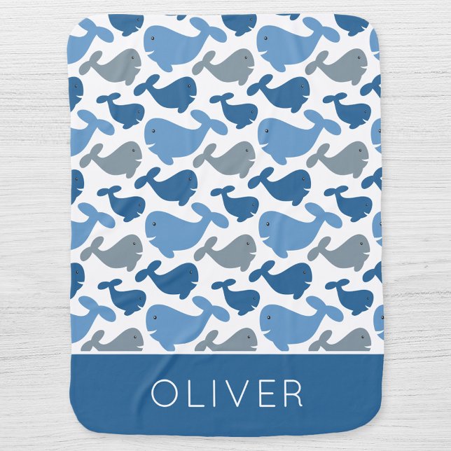 Cute Navy Blue Gray Whale Personalized Boy Baby Blanket (Creator Uploaded)