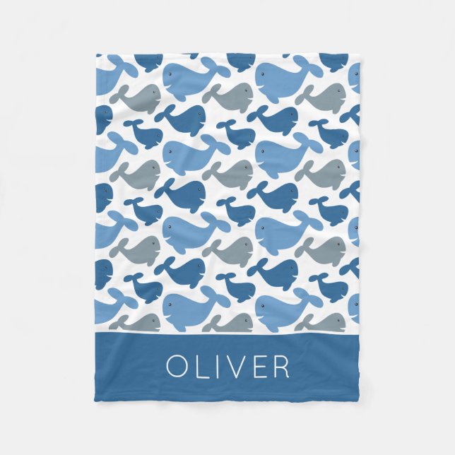 Cute Navy Blue Gray Whale Personalized Boy Fleece Blanket (Front)