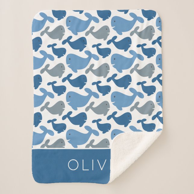 Cute Navy Blue Gray Whale Personalized Boy Sherpa Blanket (Front)