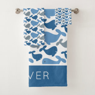 Cute Navy Blue Gray Whale Personalized Kids Bath Towel Set
