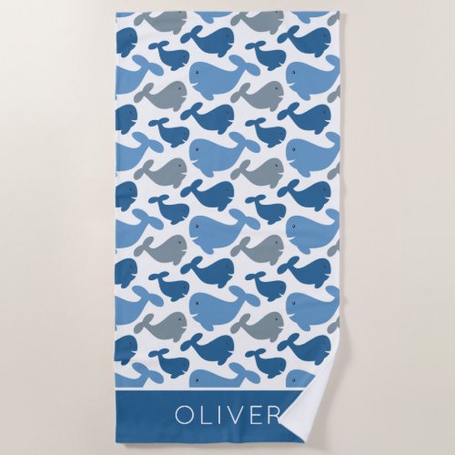 Cute Navy Blue Gray Whale Personalized Kids Beach Towel