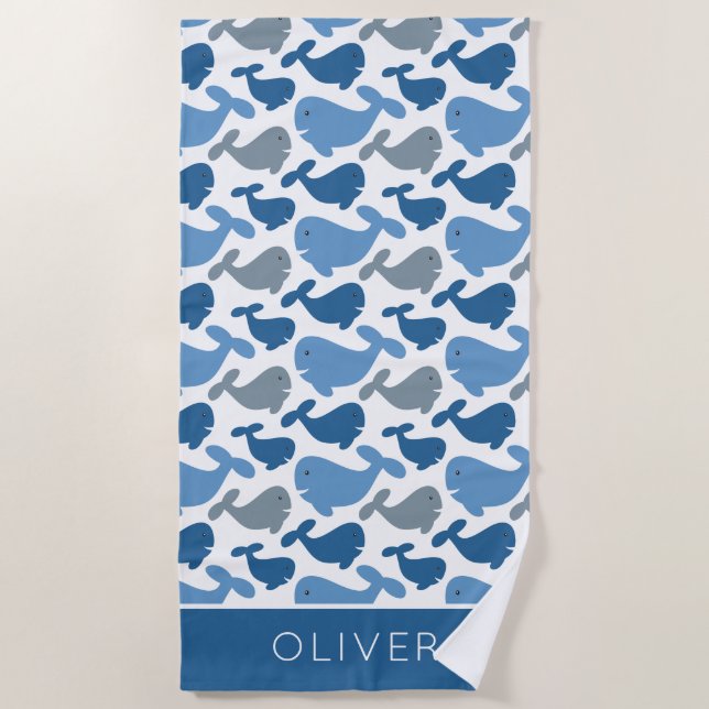 Cute Navy Blue Gray Whale Personalized Kids Beach Towel (Front)