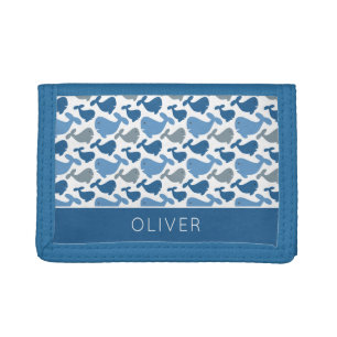 Cute Navy Blue Gray Whale Personalized Kids Tri-fold Wallet