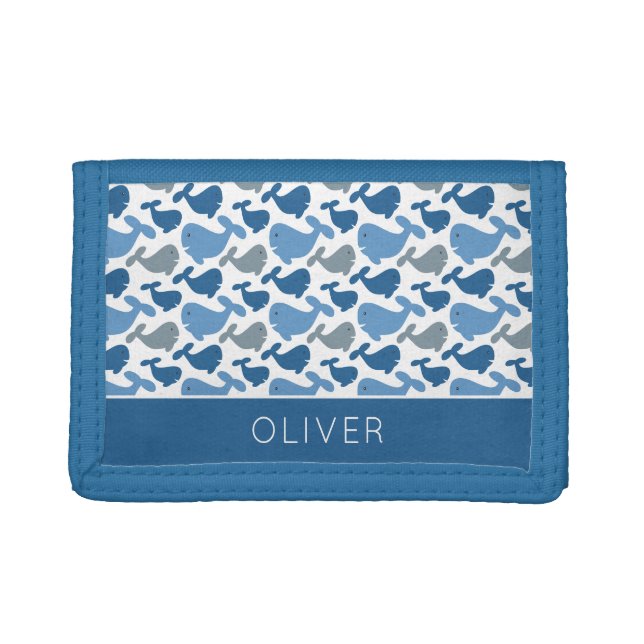 Cute Navy Blue Gray Whale Personalized Kids Trifold Wallet (Front)