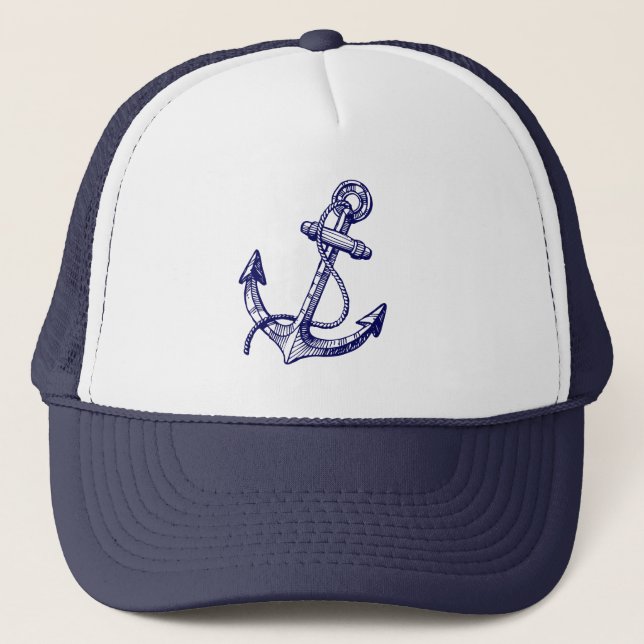 Cute Navy Blue Nautical Boat Anchor 3 Trucker Hat (Front)