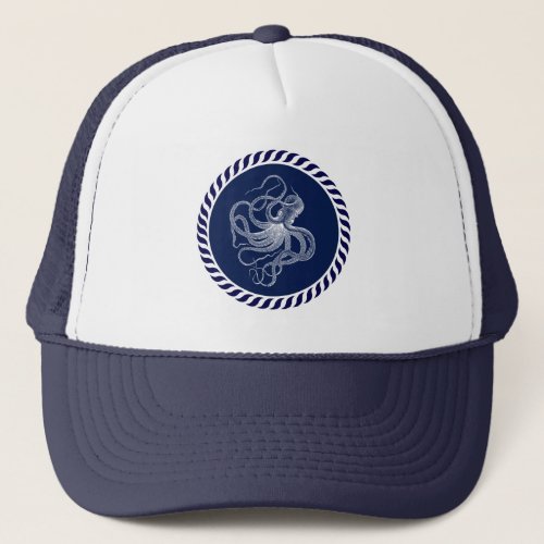 Cute Navy Blue  Nautical White Octopus  Trucker Hat