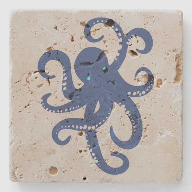 Cute Navy Blue Octopus Illustration Stone Coaster (Front)
