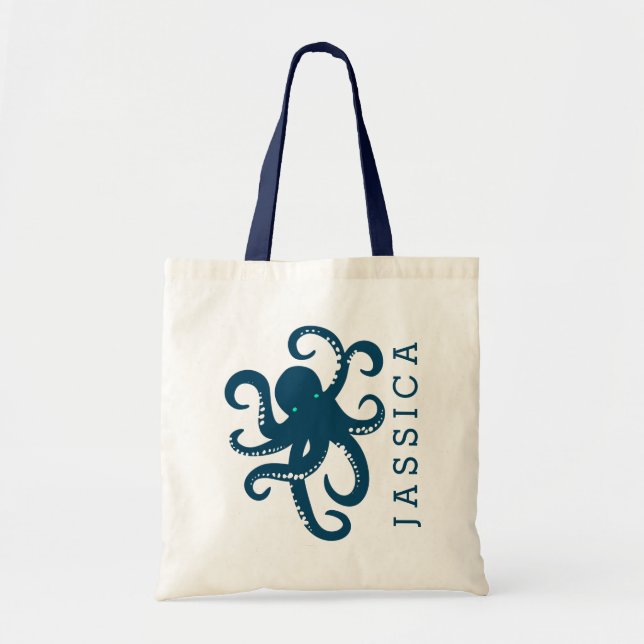 Cute Navy Blue Octopus Illustration Tote Bag (Front)