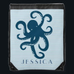 Cute Navy Blue Octopus Light Blue Stripes Drawstring Bag<br><div class="desc">Cute nautical navy blue octopus simple illustration over white and light blue tin stripes pattern. Custom monogram.</div>