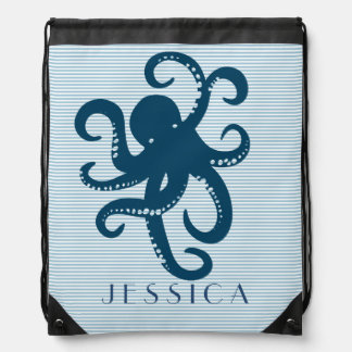 Cute Navy Blue Octopus Light Blue Stripes Drawstring Bag