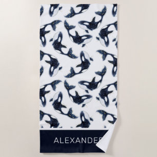 Cute Navy Blue Orca Whale Personalized Kids Beach Towel