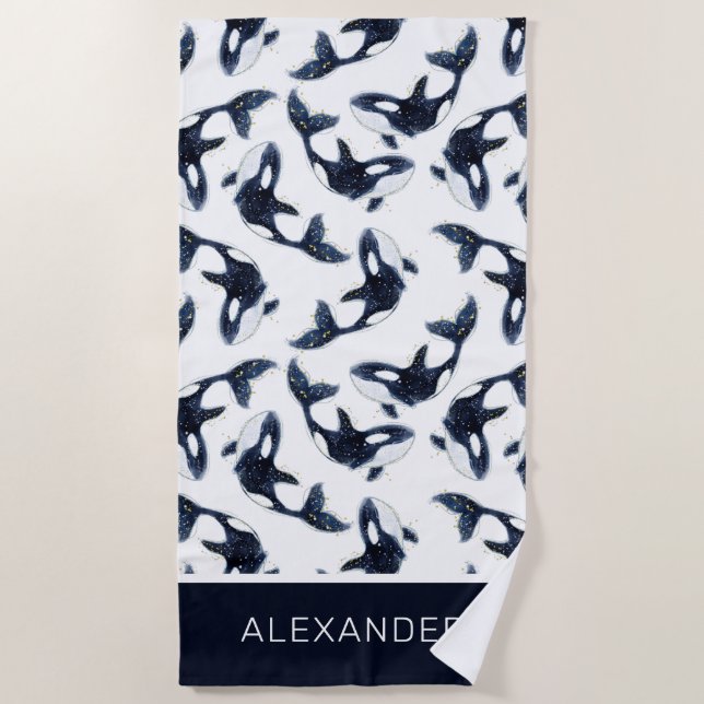 Cute Navy Blue Orca Whale Personalized Kids Beach Towel (Front)