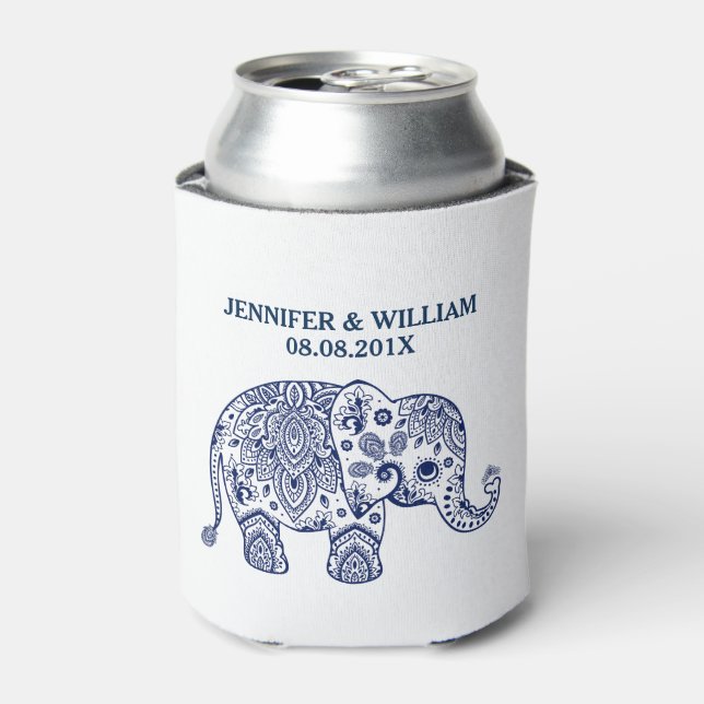 Cute Navy-Blue Paisley Elephant Illustration Can Cooler (Can Front)