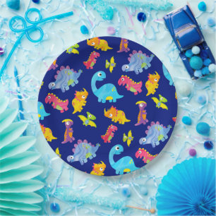 Cute Navy Blue Pattern Dinosaur Birthday Paper Plates