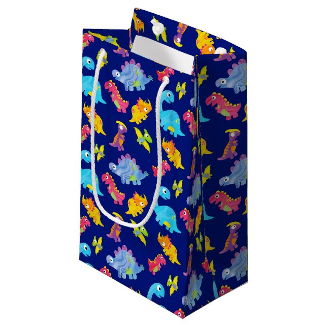 Cute Navy Blue Pattern Dinosaur Birthday Small Gift Bag (Front Angled)