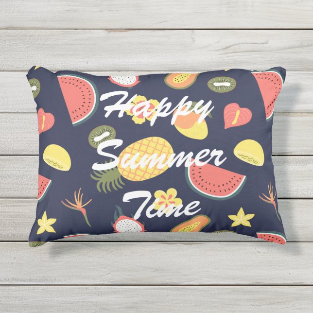 Cute navy blue pattern Happy summer time l text Outdoor Pillow (Front)