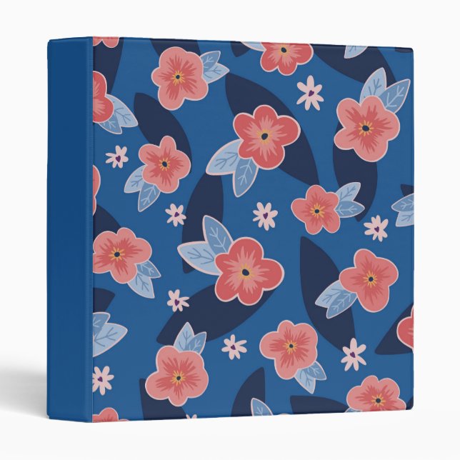 Cute navy blue peach floral kids pattern 3 ring binder (Front/Spine)