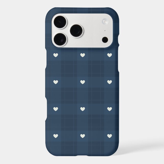 Cute Navy Blue Plaid With Hearts Seamless Pattern iPhone Case (Back)