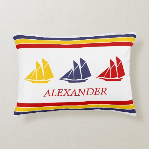 Cute Navy Blue Red Yellow Sailboat Stripe nautical Accent Pillow