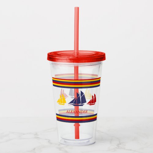 Cute Navy Blue Red Yellow Sailboat Stripe nautical Acrylic Tumbler