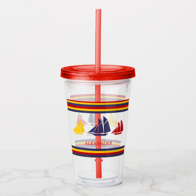 Cute Navy Blue Red Yellow Sailboat Stripe nautical Acrylic Tumbler (Front)