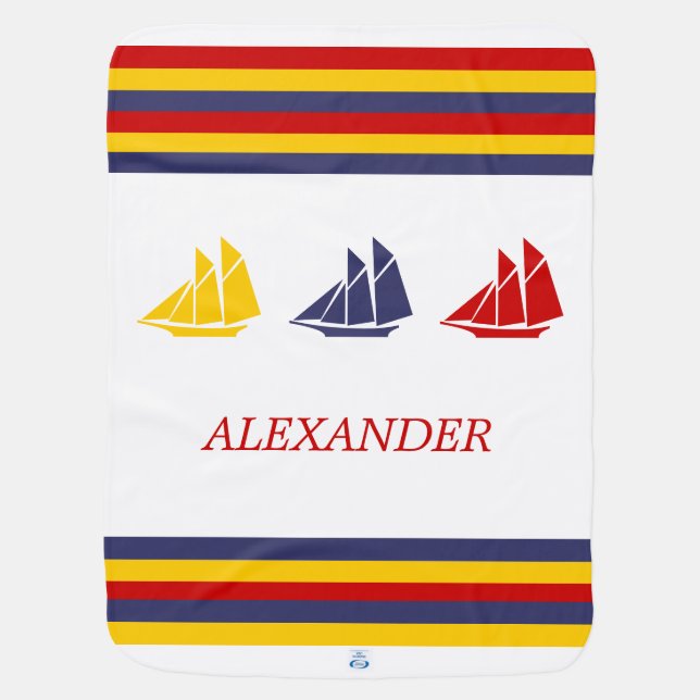 Cute Navy Blue Red Yellow Sailboat Stripe nautical Baby Blanket (Back)