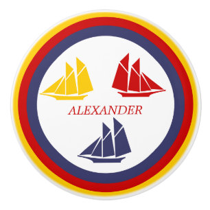 Cute Navy Blue Red Yellow Sailboat Stripe nautical Ceramic Knob