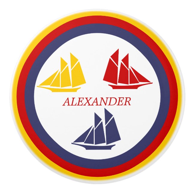 Cute Navy Blue Red Yellow Sailboat Stripe nautical Ceramic Knob (Front)