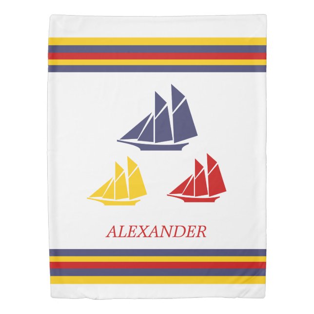 Cute Navy Blue Red Yellow Sailboat Stripe nautical Duvet Cover (Front)