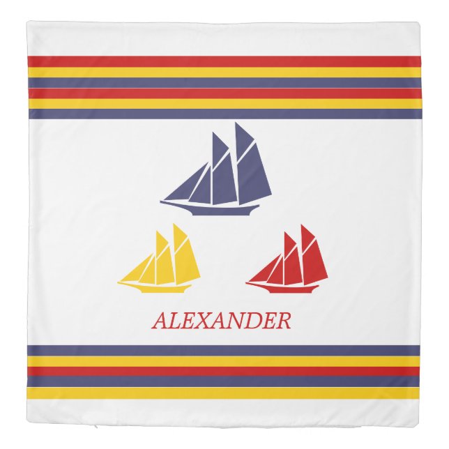 Cute Navy Blue Red Yellow Sailboat Stripe nautical Duvet Cover (Back)