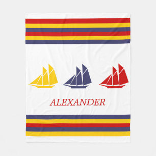 Cute Navy Blue Red Yellow Sailboat Stripe nautical Fleece Blanket