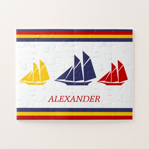 Cute Navy Blue Red Yellow Sailboat Stripe nautical Jigsaw Puzzle