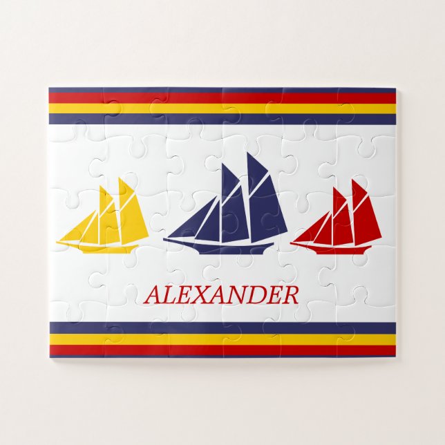 Cute Navy Blue Red Yellow Sailboat Stripe nautical Jigsaw Puzzle (Horizontal)