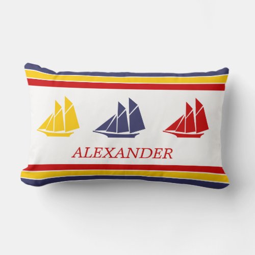 Cute Navy Blue Red Yellow Sailboat Stripe nautical Lumbar Pillow
