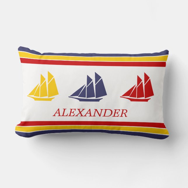 Cute Navy Blue Red Yellow Sailboat Stripe nautical Lumbar Pillow (Front)