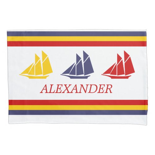 Cute Navy Blue Red Yellow Sailboat Stripe nautical Pillow Case