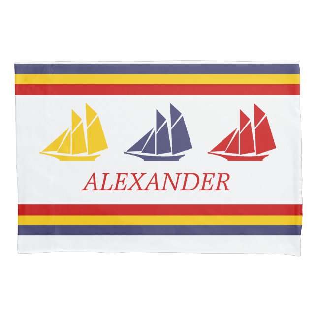 Cute Navy Blue Red Yellow Sailboat Stripe nautical Pillow Case (Front)