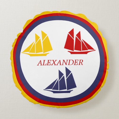 Cute Navy Blue Red Yellow Sailboat Stripe nautical Round Pillow