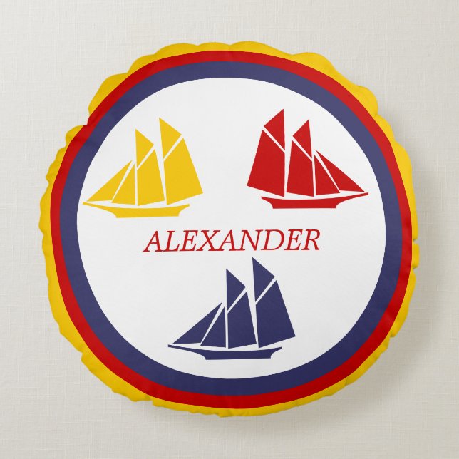 Cute Navy Blue Red Yellow Sailboat Stripe nautical Round Pillow (Front)