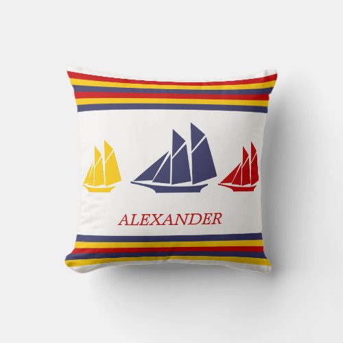 Cute Navy Blue Red Yellow Sailboat Stripe nautical Throw Pillow