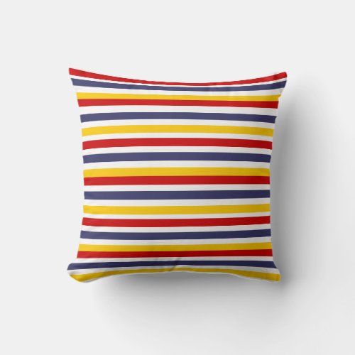 Cute Navy Blue Red Yellow Striped nautical Coastal Throw Pillow