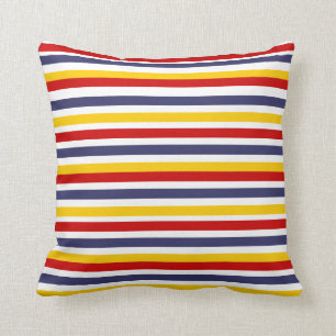 Cute Navy Blue Red Yellow Striped nautical Coastal Throw Pillow
