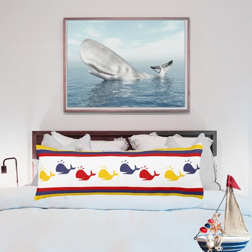 Cute Navy Blue Red Yellow WHALE  Striped nautical Body Pillow