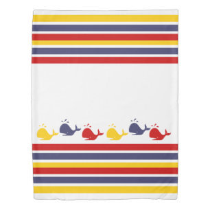 Cute Navy Blue Red Yellow WHALE Striped nautical Duvet Cover