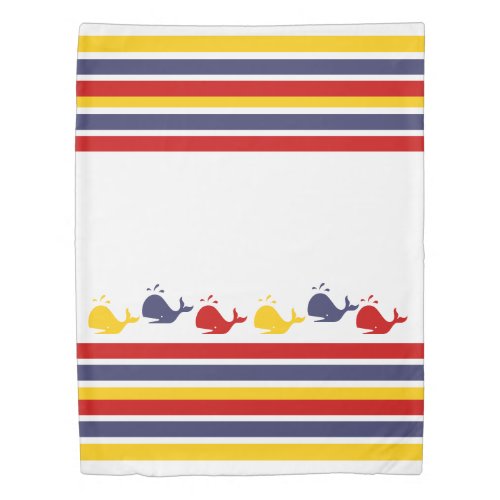 Cute Navy Blue Red Yellow WHALE  Striped nautical  Duvet Cover