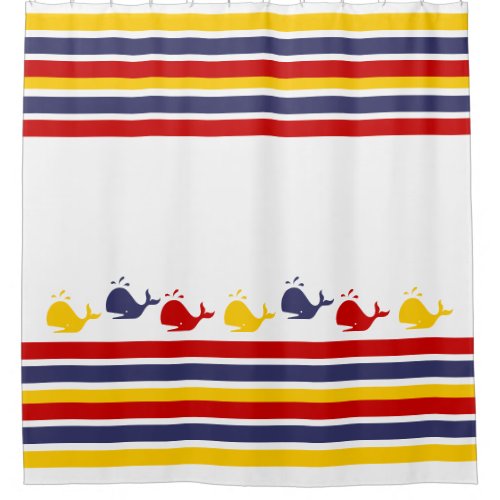 Cute Navy Blue Red Yellow WHALE  Striped nautical  Shower Curtain