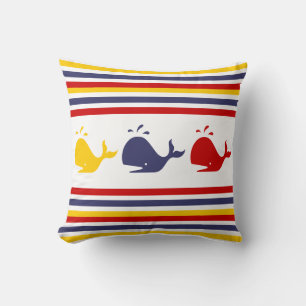 Cute Navy Blue Red Yellow WHALE Striped nautical Throw Pillow