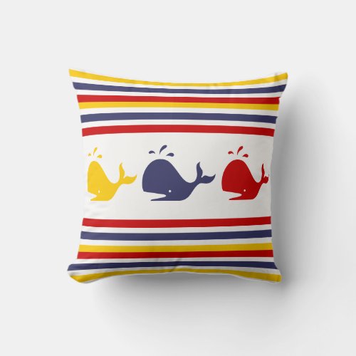 Cute Navy Blue Red Yellow WHALE  Striped nautical Throw Pillow