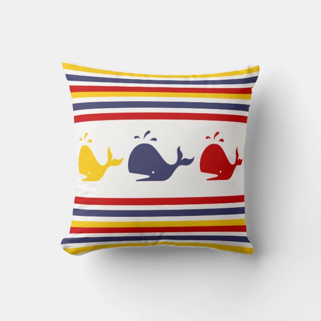 Cute Navy Blue Red Yellow WHALE  Striped nautical Throw Pillow (Front)