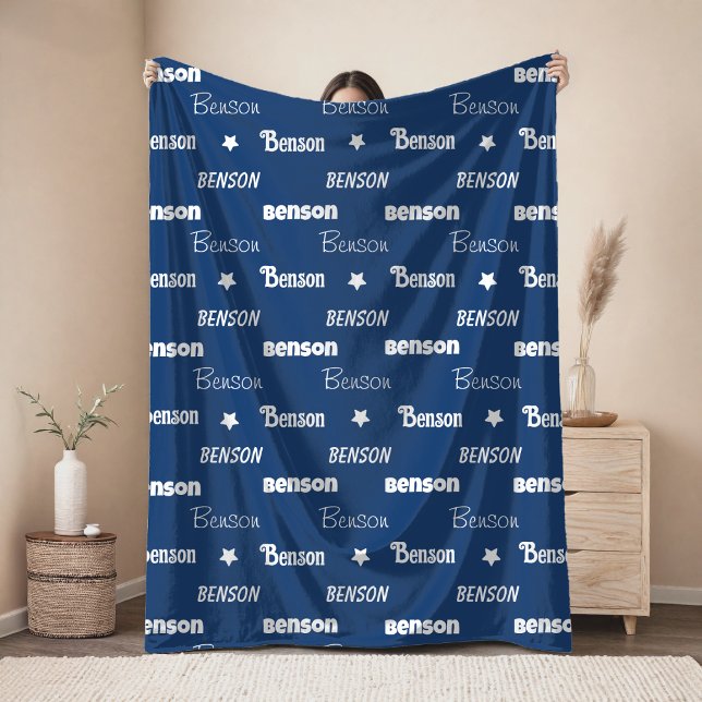Cute navy blue repeating name personalized  fleece blanket (Creator Uploaded)